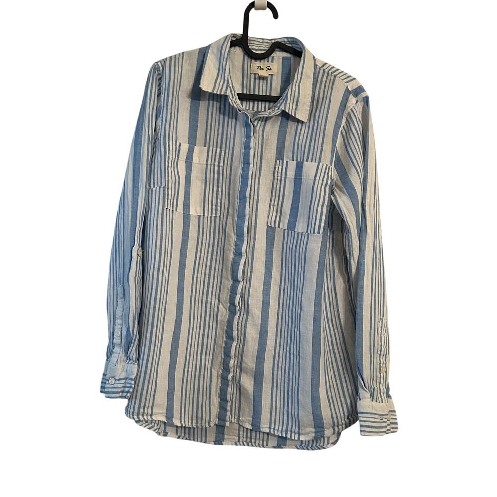 Per Se Blue an white striped linen cotton blend button down Medium